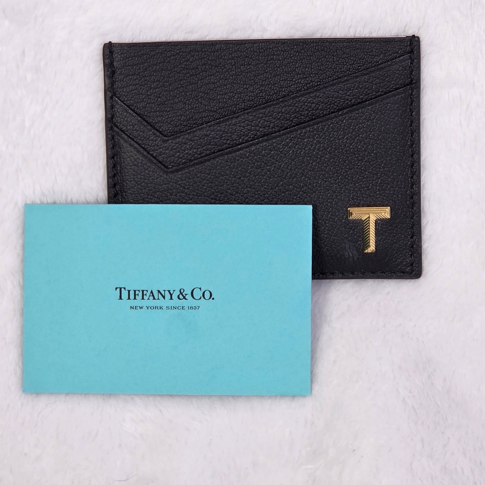 Tiffany & Co T Logo Black Pebbled Leather Card Case Wallet Pink Italy NWT